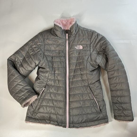 The North Face Reversible Mossbud Swirl Puffer Jacket Girls Large Full Zip Gray - Picture 1 of 16